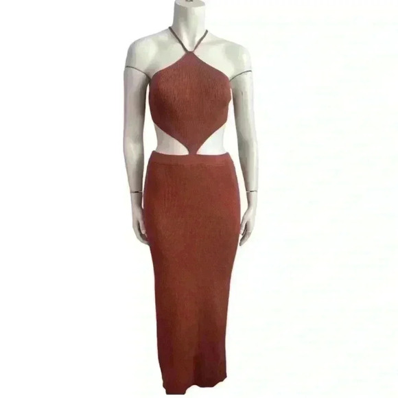 MY GIRL Cutout Knit Midi Dress-Halter, Backless, Rust Brown - Sexy Summer Dress - Picture 8 of 13